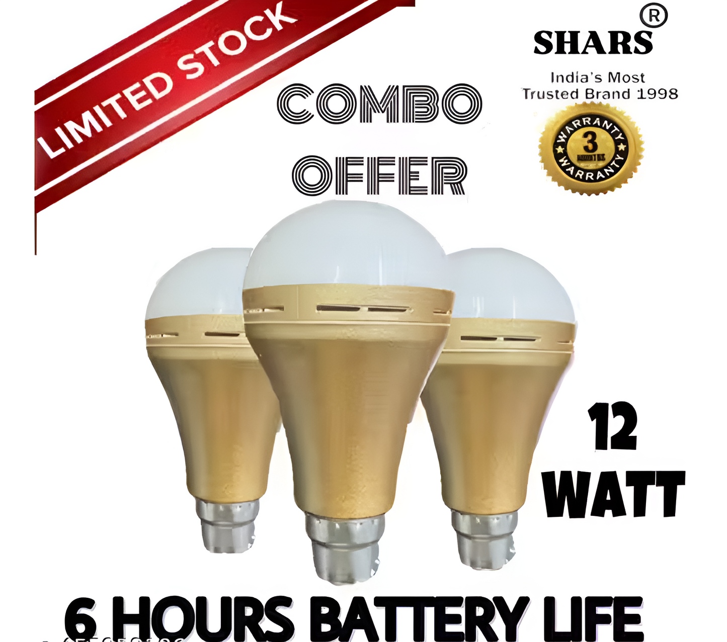 LED 12W Rechargeable Emergency Inverter LED Bulb | Cool Day Light | Upto 3 Hours Battery | B22D | (Pack of 3, White)